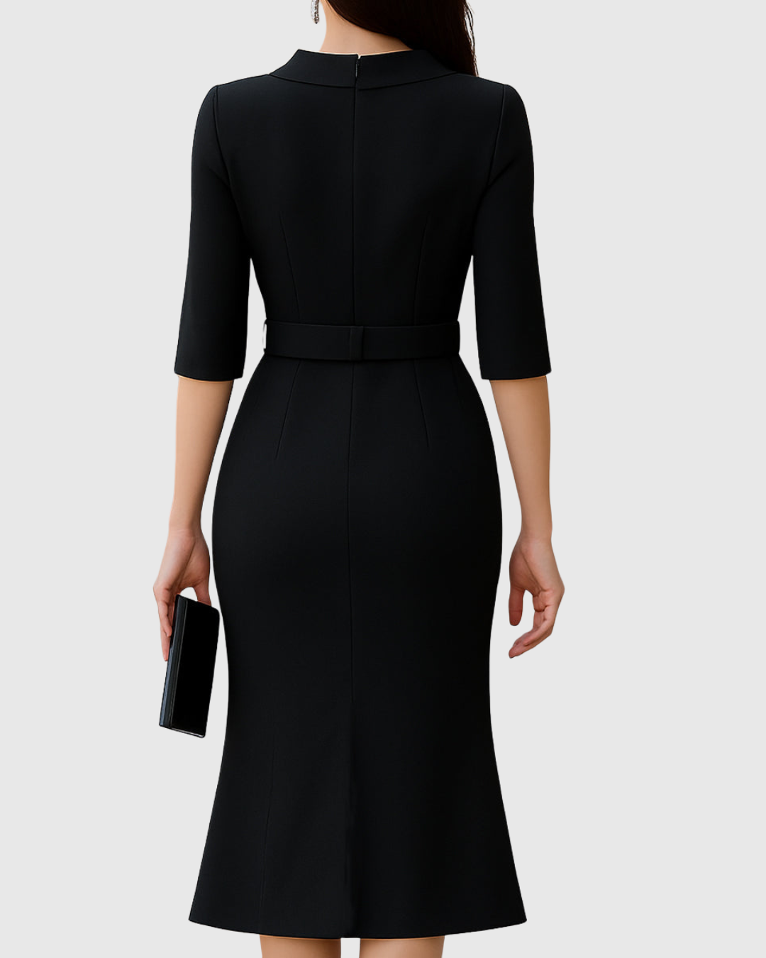 Eleanora Vantisse | Black Belted Mock Neck Midi Dress with Split Sleeves
