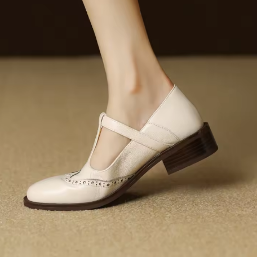 Blanche Devereaux | Leather T-Strap Mary Jane Shoes with Brogue Detail