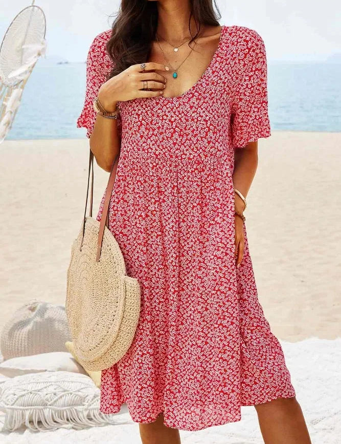 Fleurette Dawnvale | Blue Ditsy Floral V-Neck Smock Midi Dress