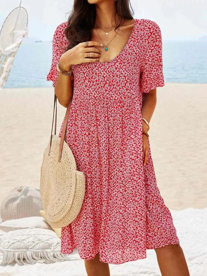 Fleurette Dawnvale | Blue Ditsy Floral V-Neck Smock Midi Dress