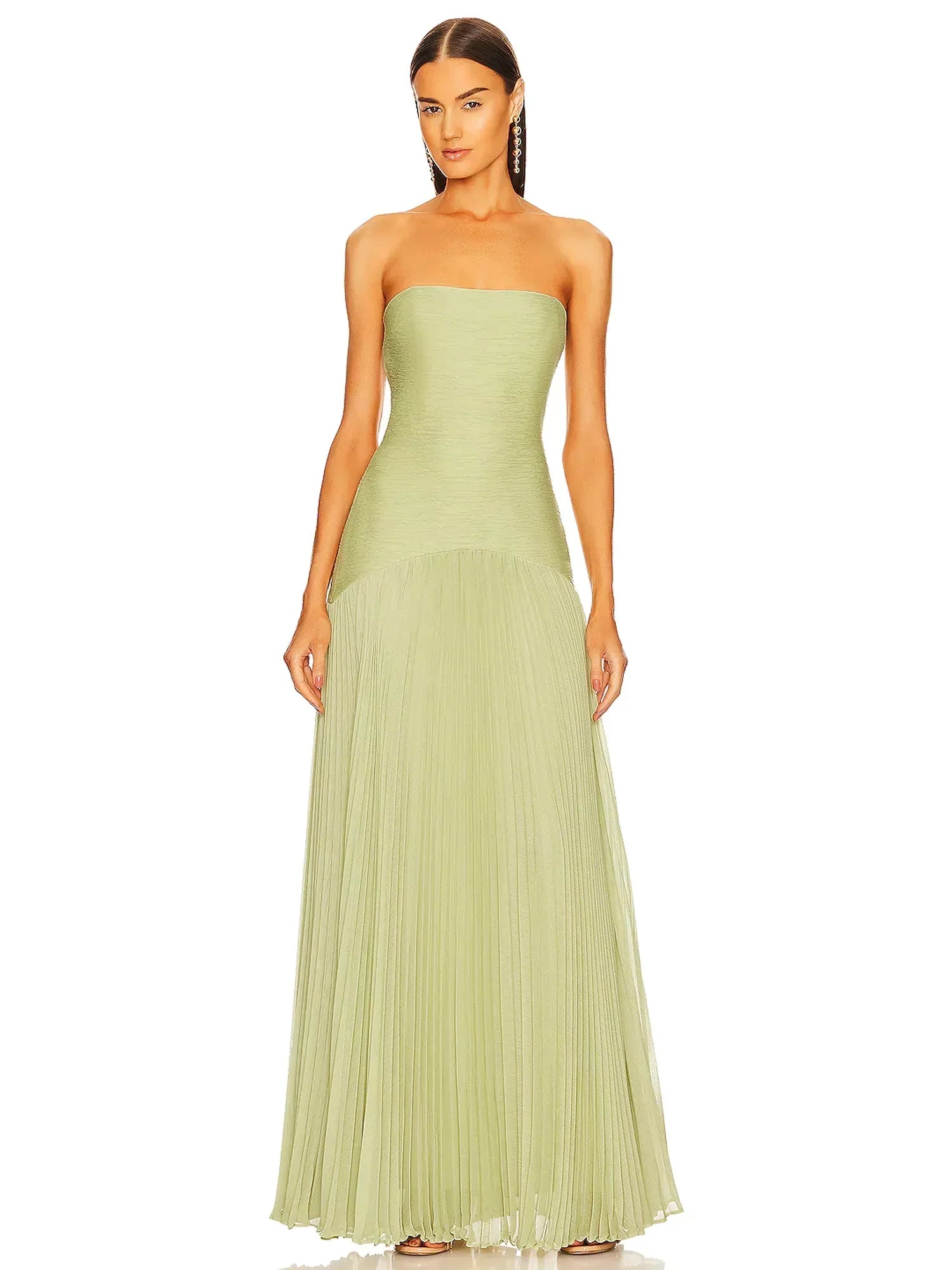 Éliane Montserrat | Sage Green Strapless Pleated Maxi Gown