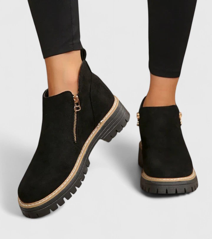 Lysandra Beauvois | Black Suede Ankle Boots with Gold Zip