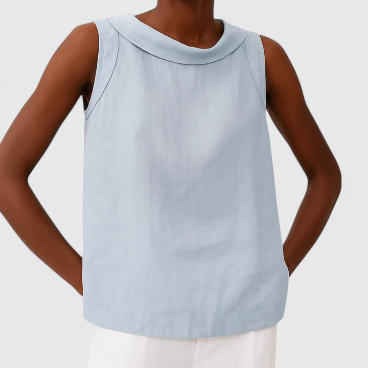 Isabelle Tournier | Sleeveless Linen Roll Collar Top in Blue