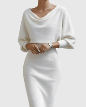 Audrina Velmonte | Black Ribbed Cowl Neck Batwing Midi Dress