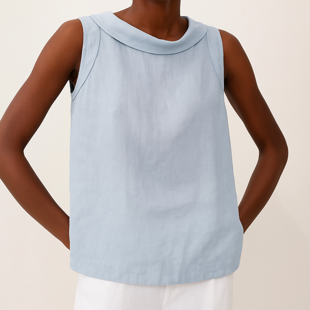 Celeste Dunmore | Sleeveless Roll Collar Top in Blue Grey Linen