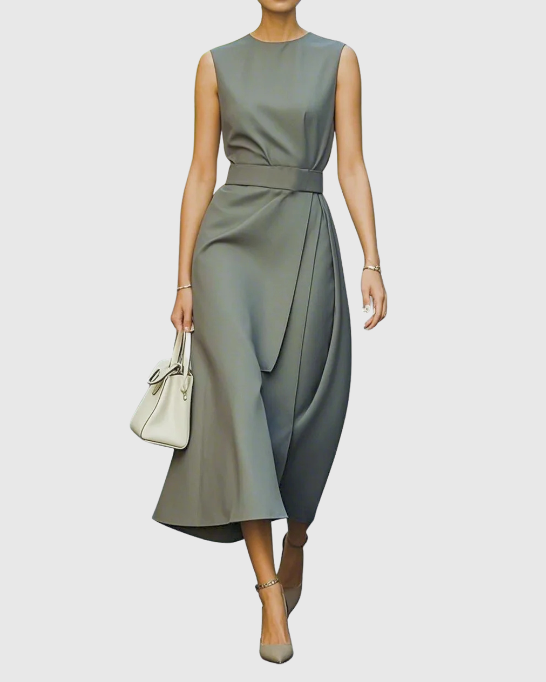 Aurelianne Fontcrest | Rust Brown Sleeveless Midi Dress with Waist Sash