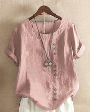 Céleste Dunvaux | Pink Linen Button Front Crew Neck Short Sleeve Top