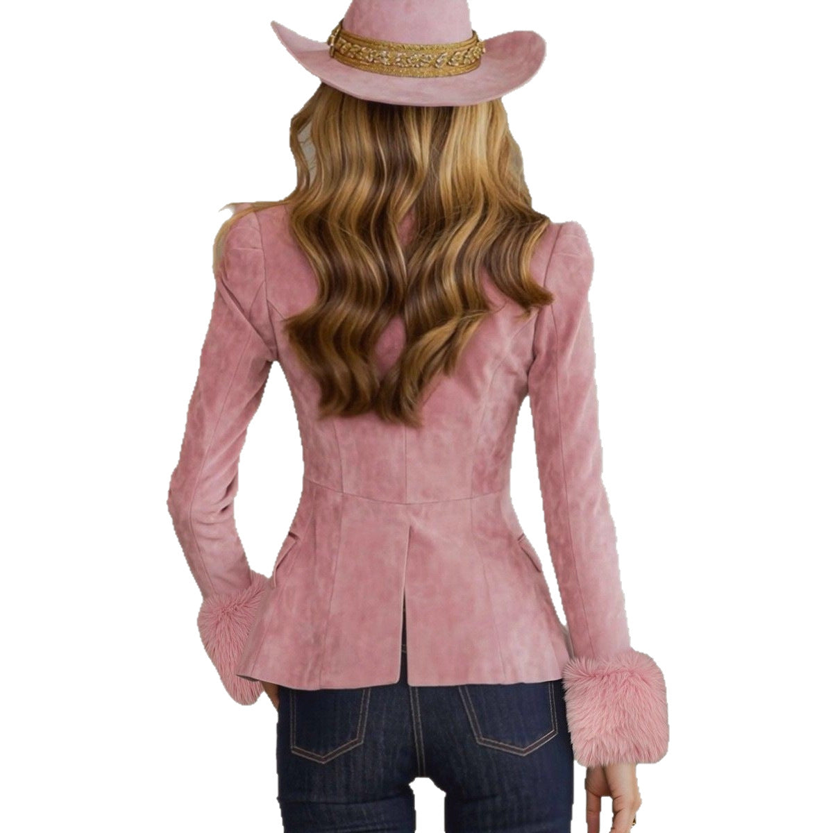 Kitty Drayham | Pink Faux Suede Blazer with Faux Fur Cuffs For Women