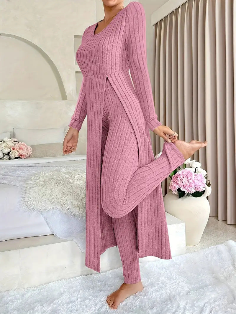 Danielle Castillon | Ribbed Knit Duster Cardigan & Pants Set For Women
