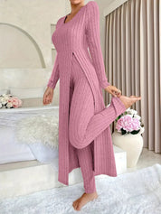 Danielle Castillon | Ribbed Knit Duster Cardigan & Pants Set For Women