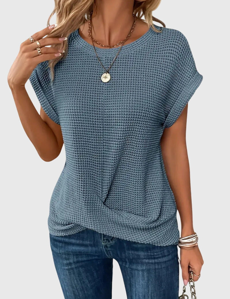 Thalia Wentmore | Rust Orange Waffle Knit Crew Neck Blouse