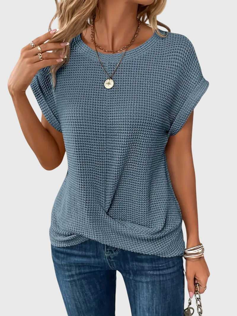 Thalia Wentmore | Rust Orange Waffle Knit Crew Neck Blouse