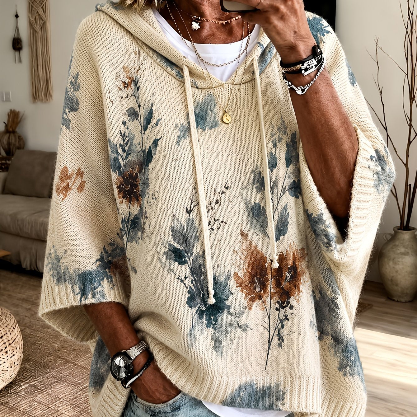 Isadora Beaulieu | Floral Hooded Cape Sweater For Women
