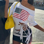 Brooke Westmore | American Flag Ripped Lace-Up Top For Women