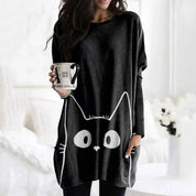 Nathalie Beauregard | Cat Print Long Sleeve Tunic Top For Women