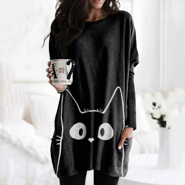 Nathalie Beauregard | Cat Print Long Sleeve Tunic Top For Women