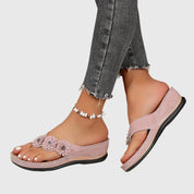 Marietta Dunrosse | Blue Flower Wedge Flip Flop Sandals