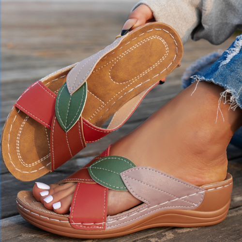 Serena Valmontclair | Colorblock Leaf Appliqué Slip-On Wedge Sandals