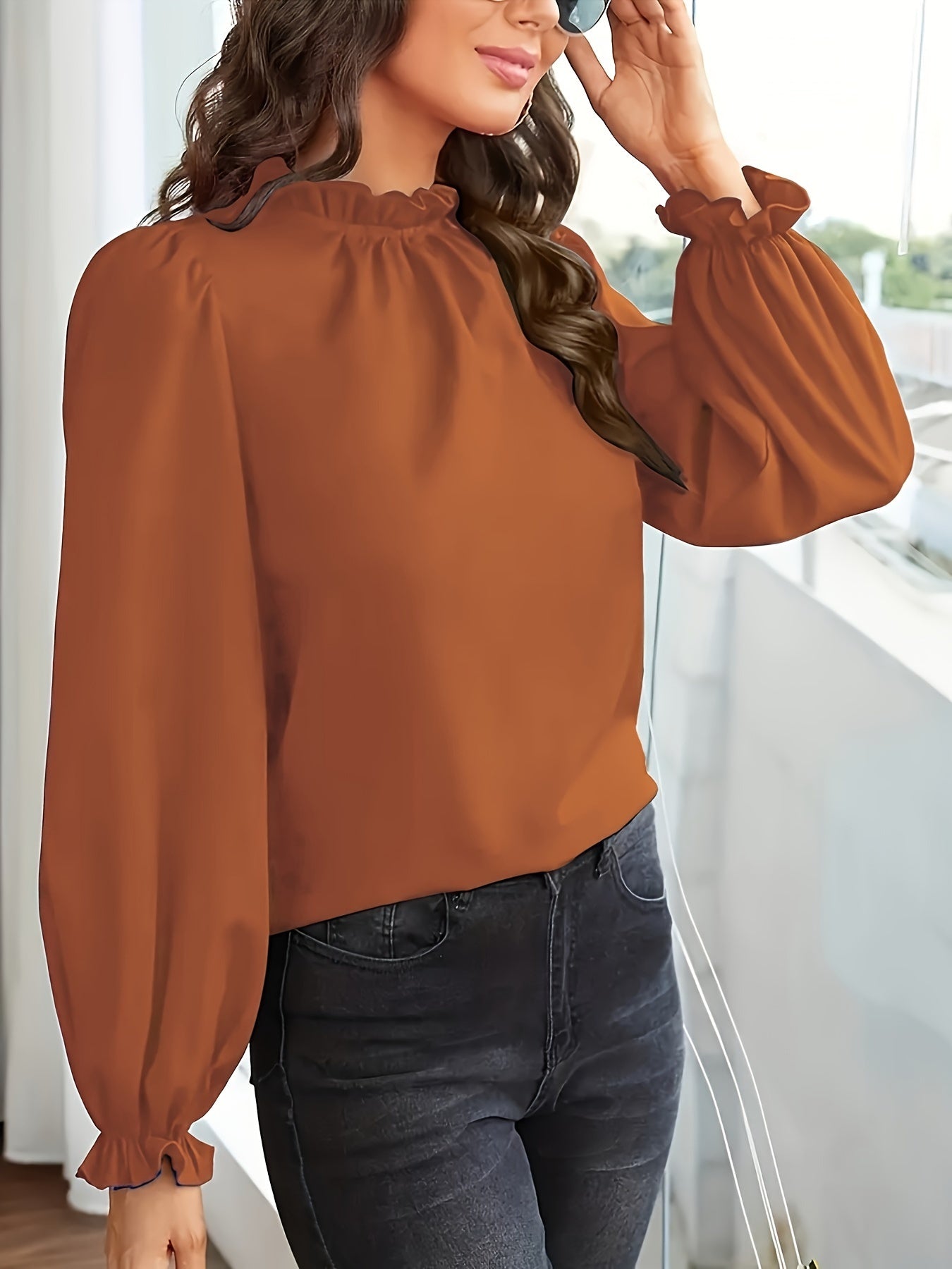 Cosette Vaillant | Rust Ruffled Blouse With Puff Sleeves For Women