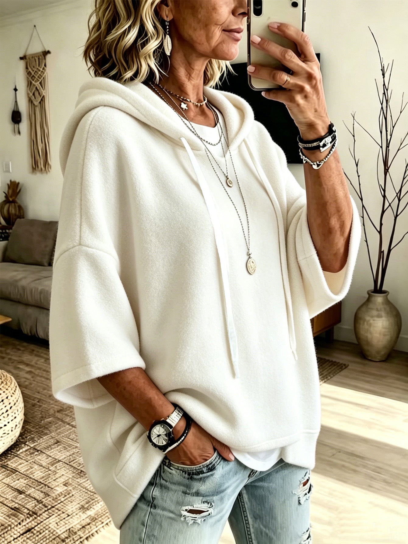 Bridget Calloway | Oversized Fleece Hoodie With 3/4 Sleeves For Women