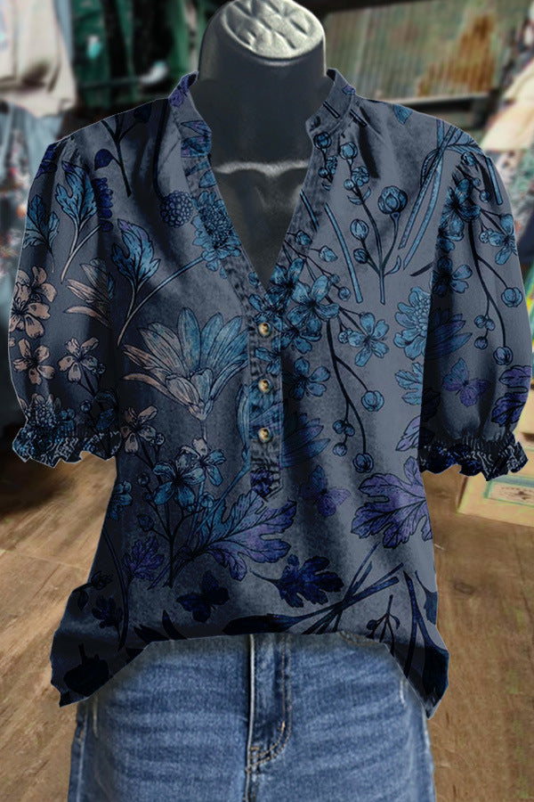 Sylvie Montclair | Floral Print V-Neck Blouse For Women