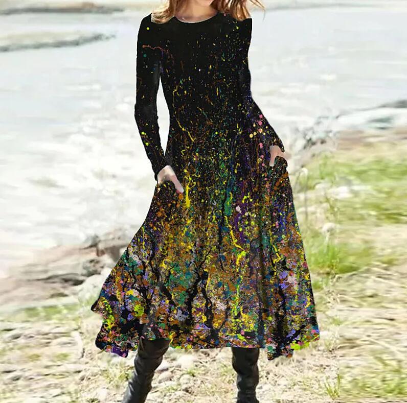 Odette Lavigne | Abstract Print Long Sleeve Maxi Dress For Women