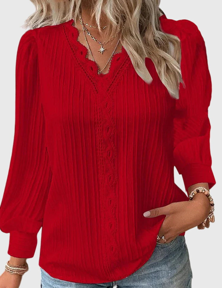 Céleste Fontaine | Yellow Lace Trim V-Neck Pullover Blouse