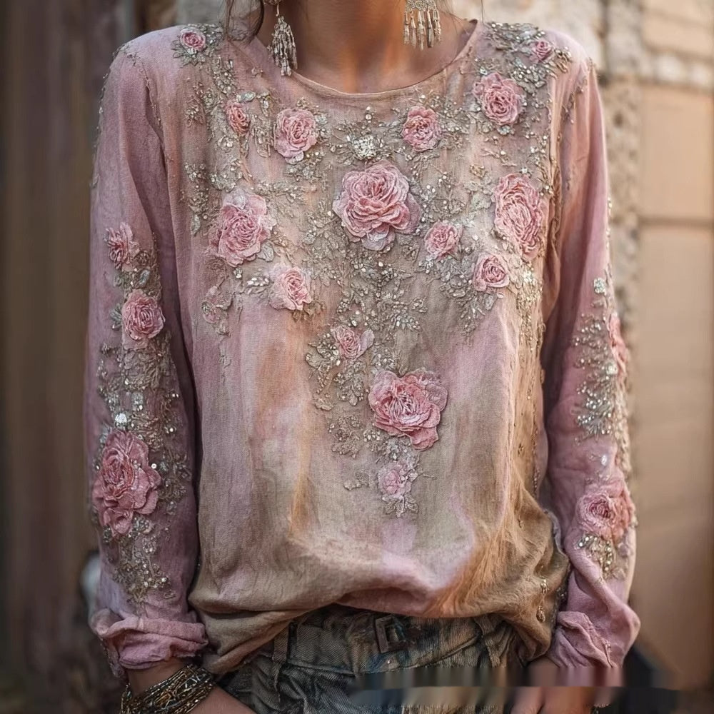 Aurora Delvigne | Rose-Embroidered Bohemian Blouse For Women