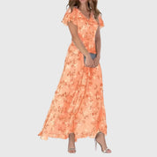 Rosalinda Vaumont | Peach Floral Maxi Dress with Flutter Sleeves