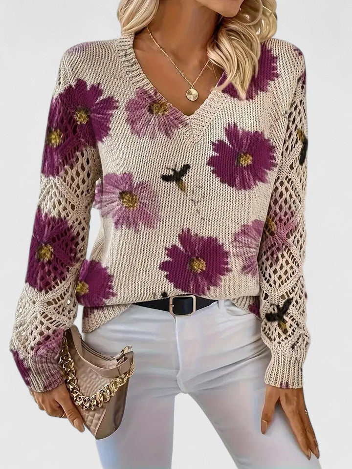 Rosalinde Fonteclair | Floral Knit V-Neck Sweater with Lace Sleeves