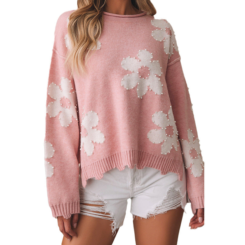 Roxane Delfino | Floral Pearl-Embellished Knit Sweater For Women