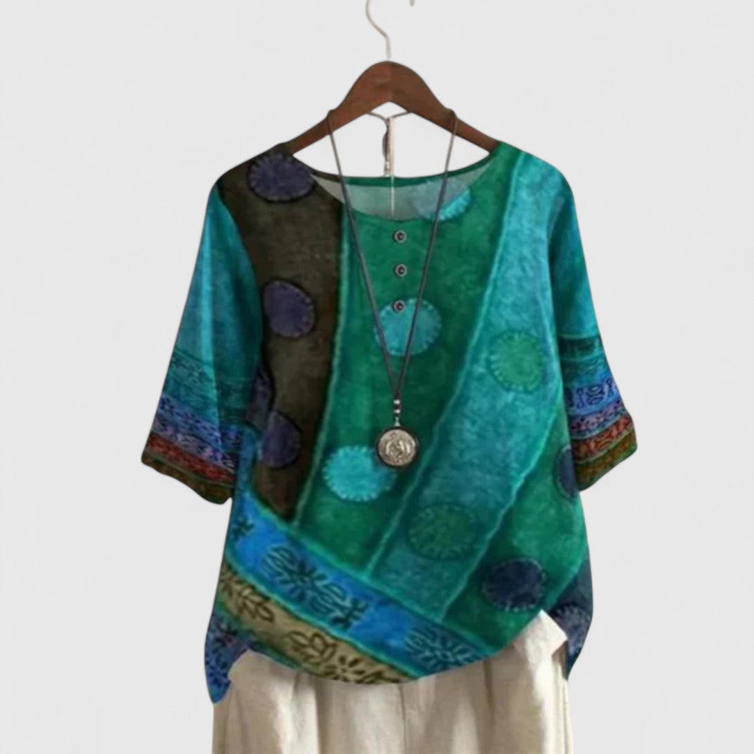 Celestia Vordaine | Bohemian Patchwork Print Short-Sleeve Top