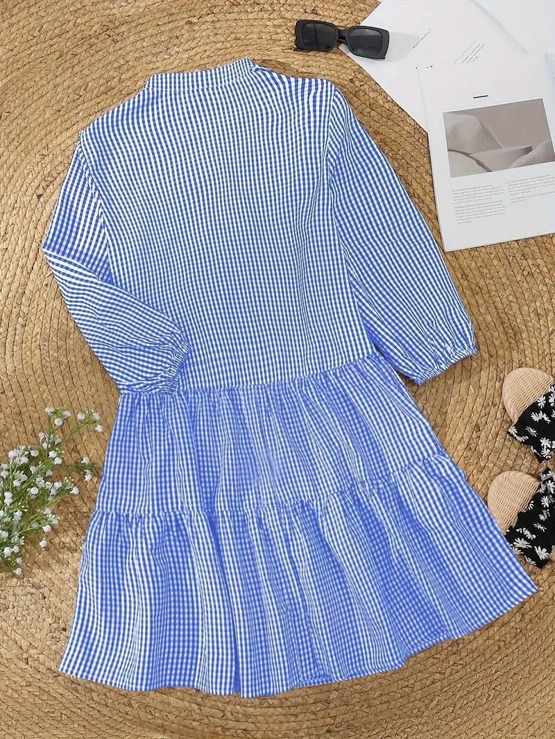 Clotilde Beauverne | Pink Gingham Button-Down Mini Dress with 3/4 Sleeves