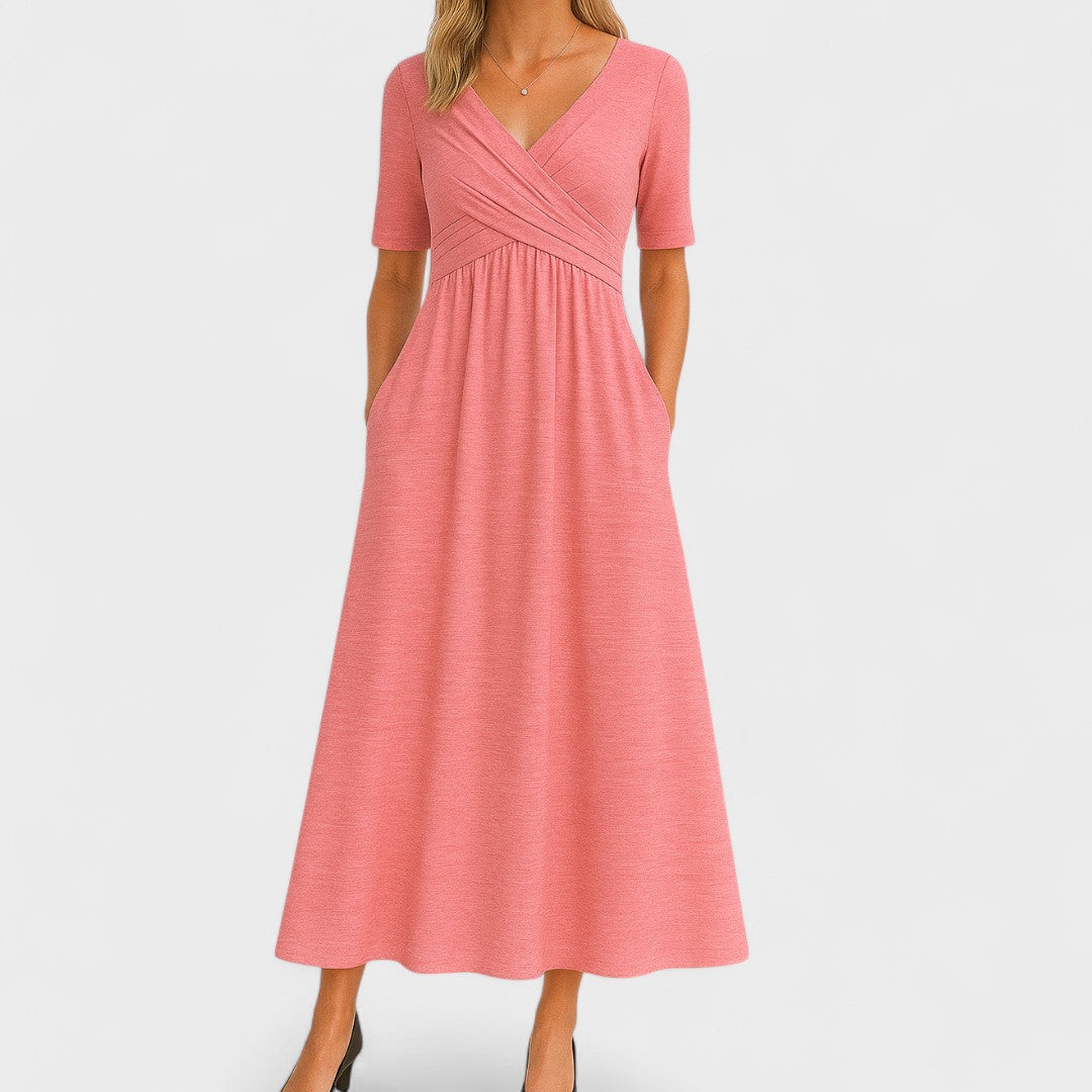 Aurelia Wyndcroft | Grey V-Neck Midi Dress with Pockets