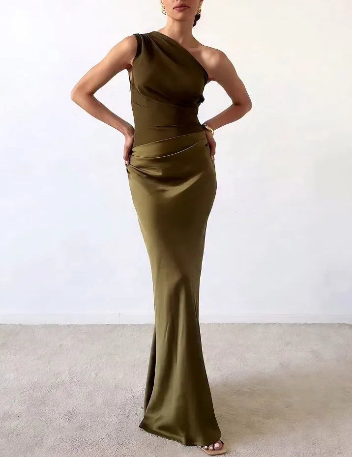 Vivienne Caldecourt | Brown One-Shoulder Pleated Satin Maxi Dress