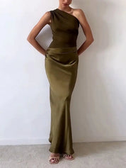 Vivienne Caldecourt | Brown One-Shoulder Pleated Satin Maxi Dress