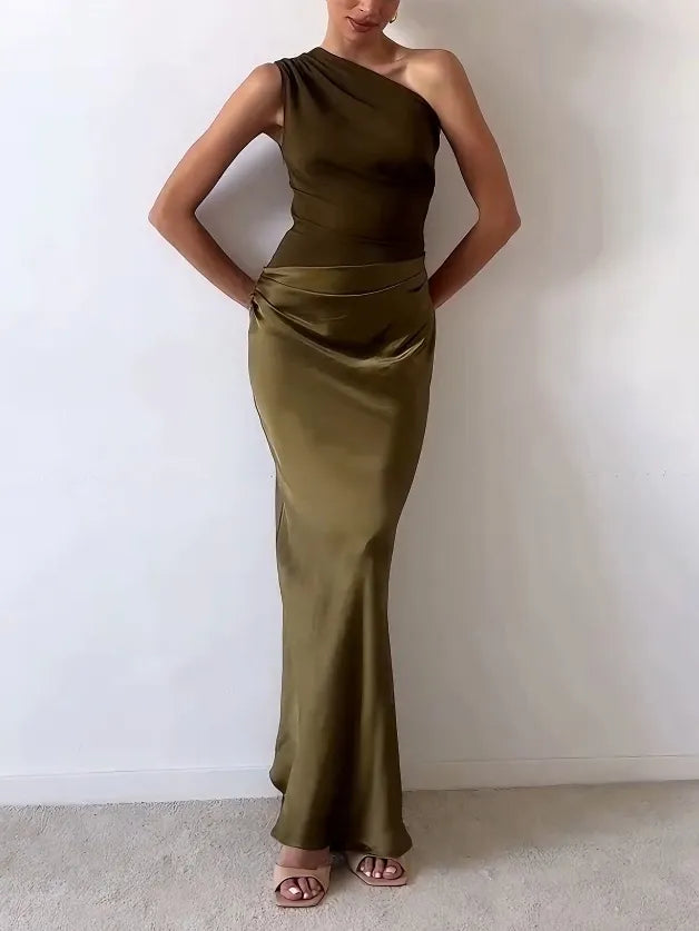 Vivienne Caldecourt | Brown One-Shoulder Pleated Satin Maxi Dress