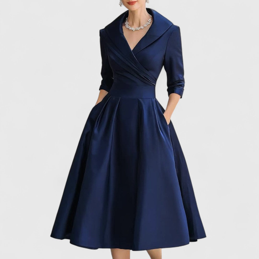 Genevra Elsinore | Navy Blue A-Line Midi Dress with 3/4 Sleeves