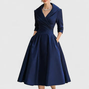 Genevra Elsinore | Navy Blue A-Line Midi Dress with 3/4 Sleeves