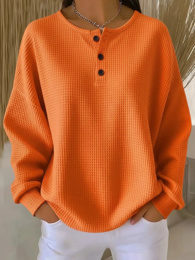 Marlena Whitfield | Waffle Knit Henley Pullover Top For Women