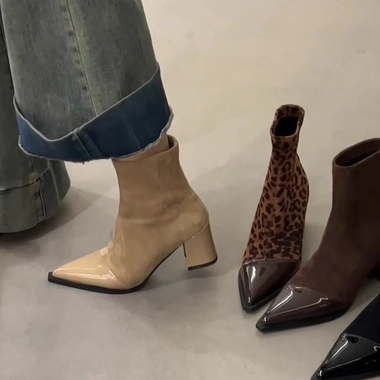 Delphine Ravel | Pointed-Toe Chunky Heel Ankle Boots For Women