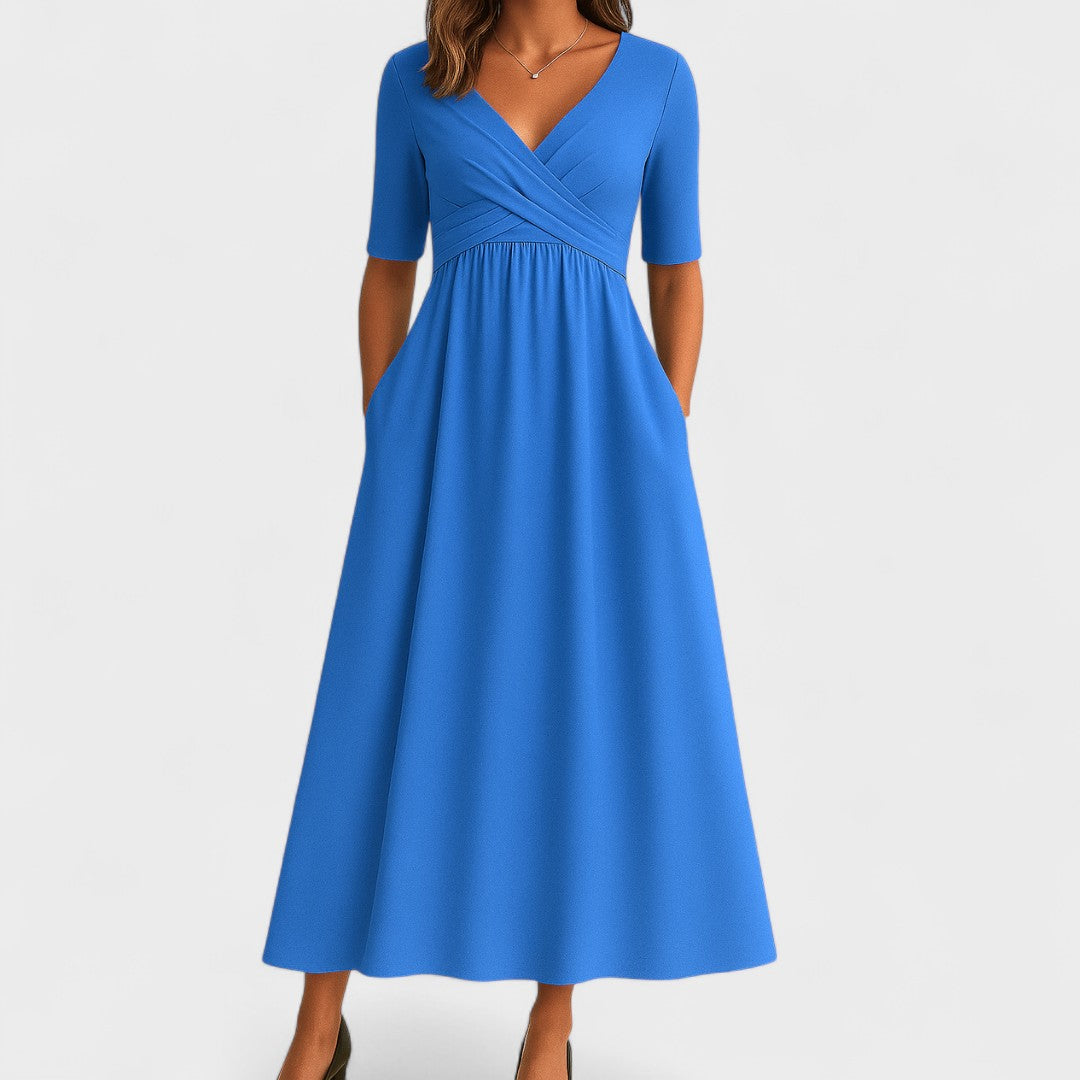 Aurelia Wyndcroft | Grey V-Neck Midi Dress with Pockets