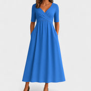 Aurelia Wyndcroft | Grey V-Neck Midi Dress with Pockets