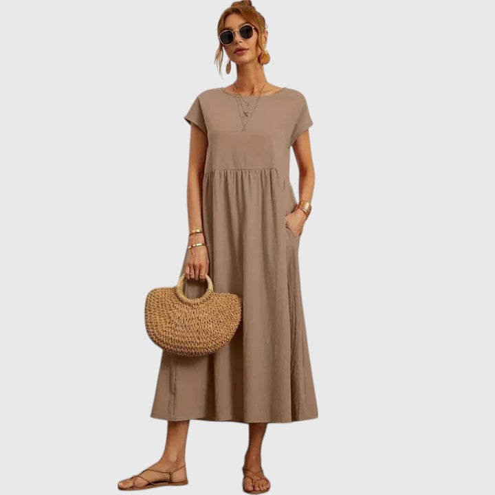 Rosalind Evermore | Navy Blue Cap Sleeve Midi Dress with Pockets