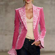 Henny Sungate | Leopard Lapel Flared Cuff Velvet Blazer For Women