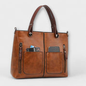 Genevieve Stourcourt | Brown Faux Leather Tote Bag with Front Pockets