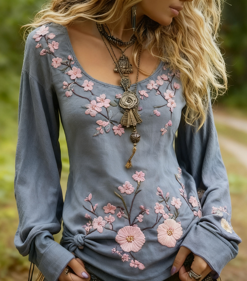 Vivienne Charbonneau | Floral Embroidered Long Sleeve Top For Women