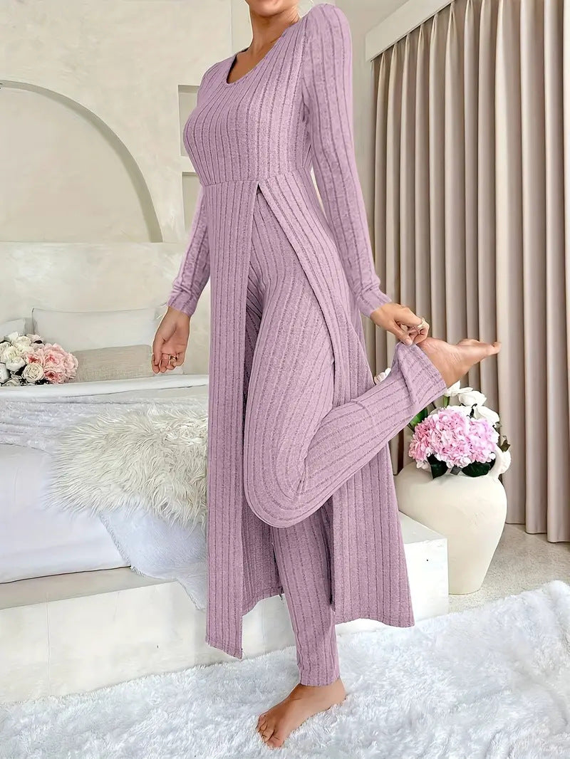 Danielle Castillon | Ribbed Knit Duster Cardigan & Pants Set For Women