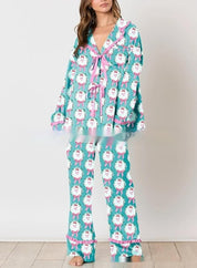 Ribbon Cheer | Green Bow Print Christmas Pyjamas For Women