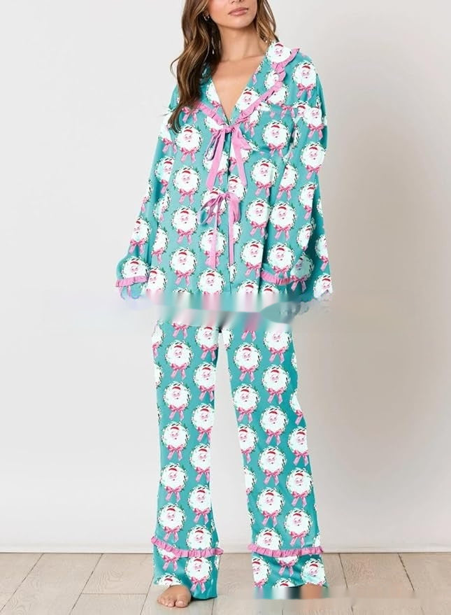 Ribbon Cheer | Green Bow Print Christmas Pyjamas For Women